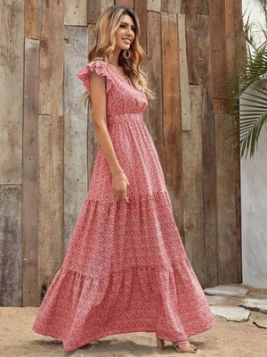 V-Neck Ruffled Cap Sleeve Prairie Maxi Dress - minbolu -