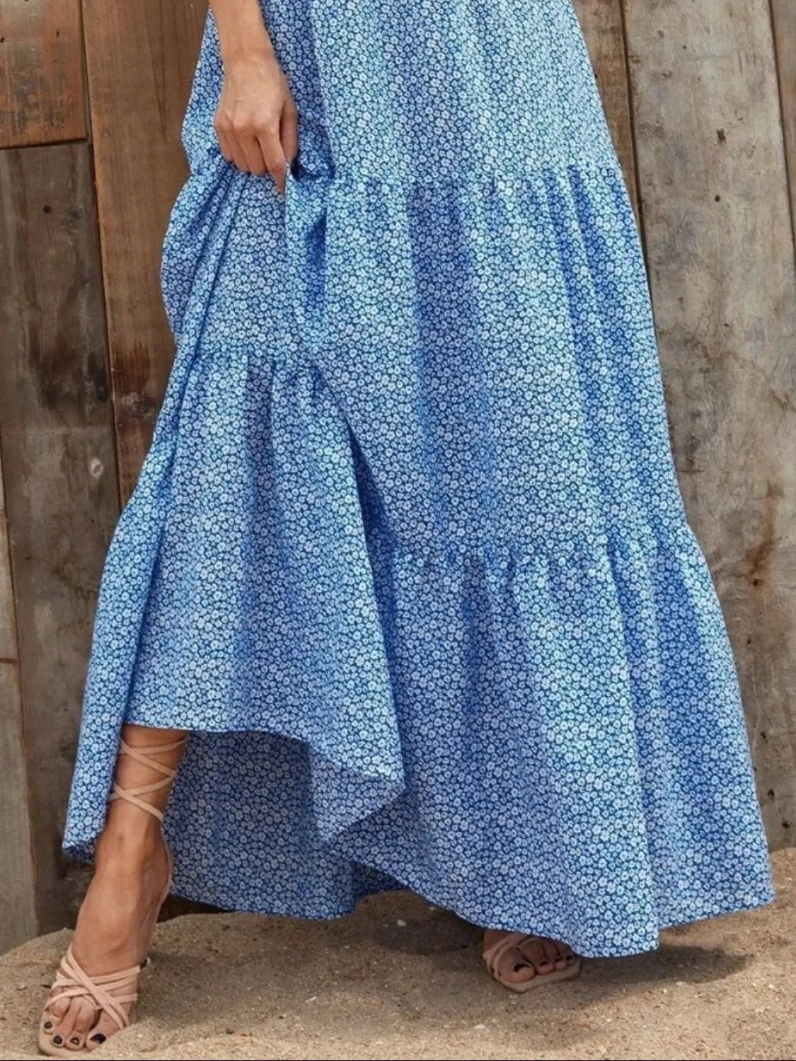 V-Neck Ruffled Cap Sleeve Prairie Maxi Dress - minbolu -
