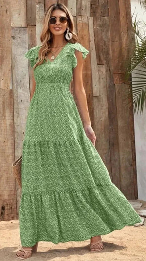 V-Neck Ruffled Cap Sleeve Prairie Maxi Dress - minbolu -