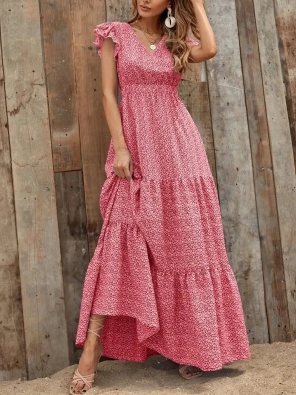 V - Neck Ruffled Cap Sleeve Prairie Maxi Dress - minbolu