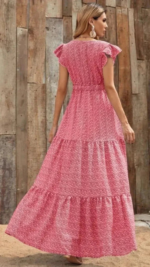 V-Neck Ruffled Cap Sleeve Prairie Maxi Dress - minbolu -