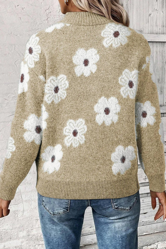 Vintage Floral Half-Zip Sweater – Khaki Cozy Chic - minbolu -