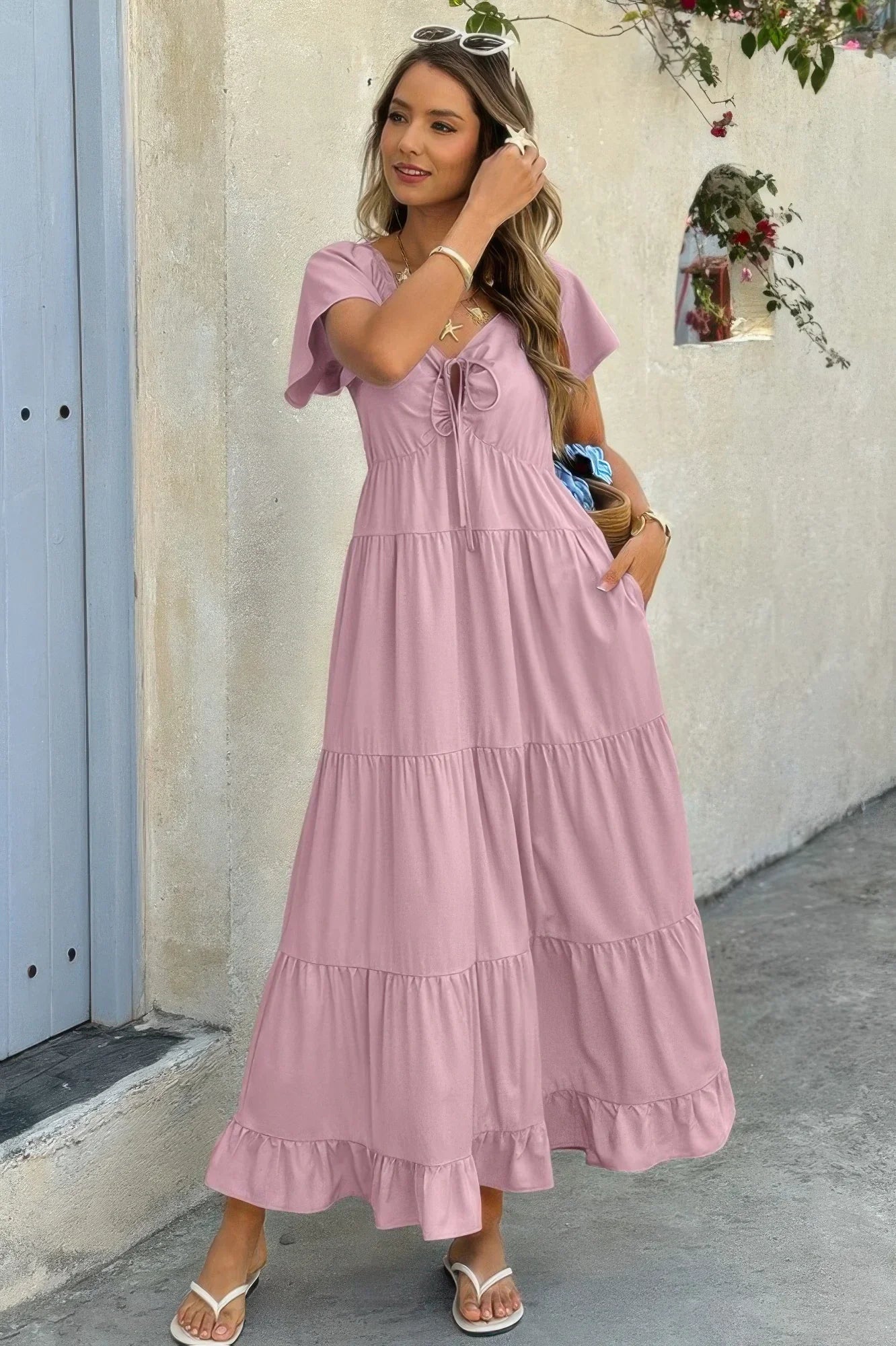 Women's Elegant Square Neck Maxi Dress with Pockets & Ruffle Hem - minbolu