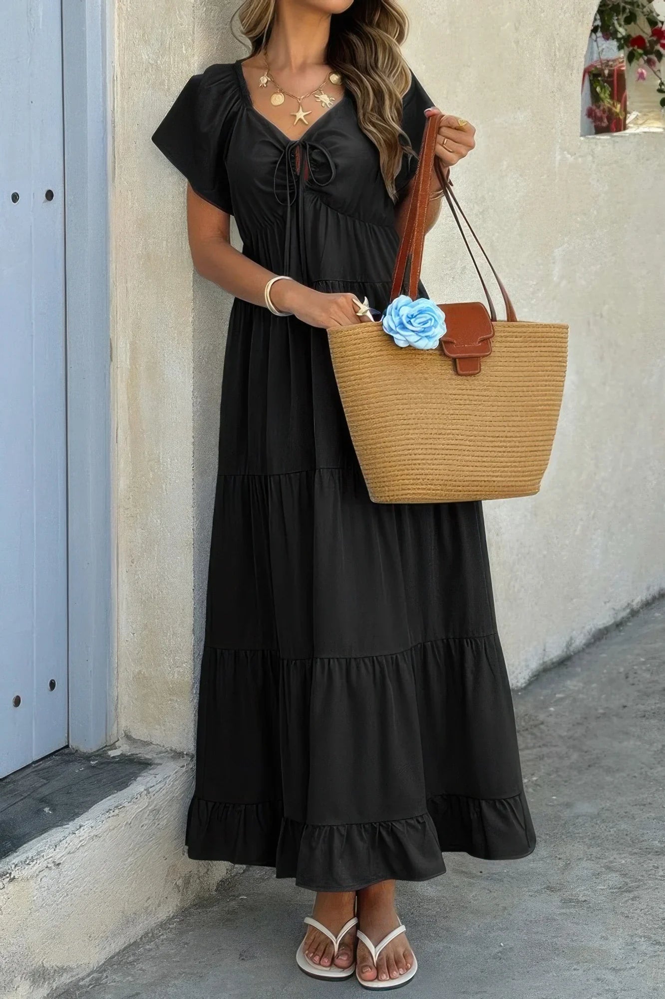 Women's Elegant Square Neck Maxi Dress with Pockets & Ruffle Hem - minbolu