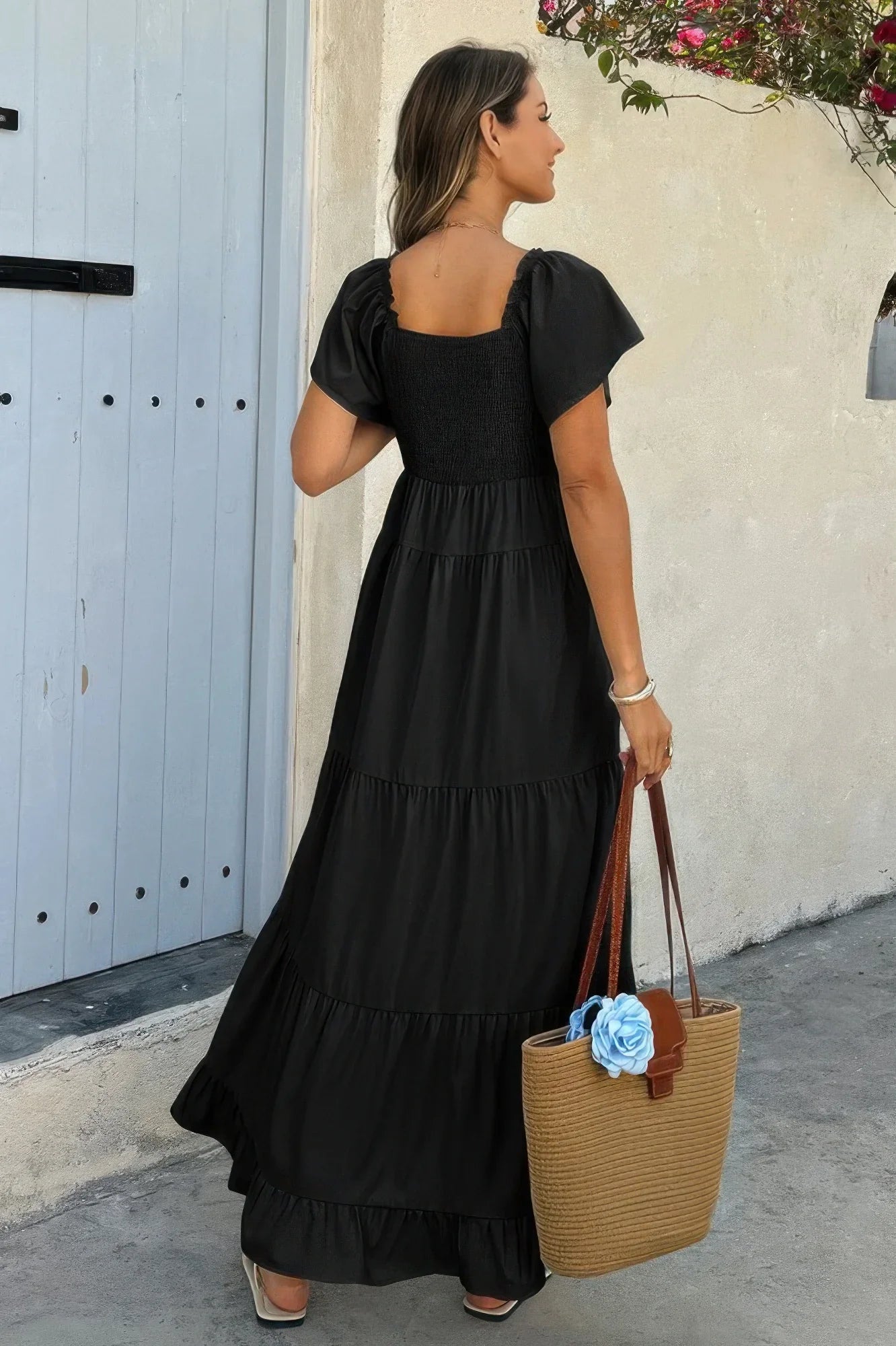 Women's Elegant Square Neck Maxi Dress with Pockets & Ruffle Hem - minbolu