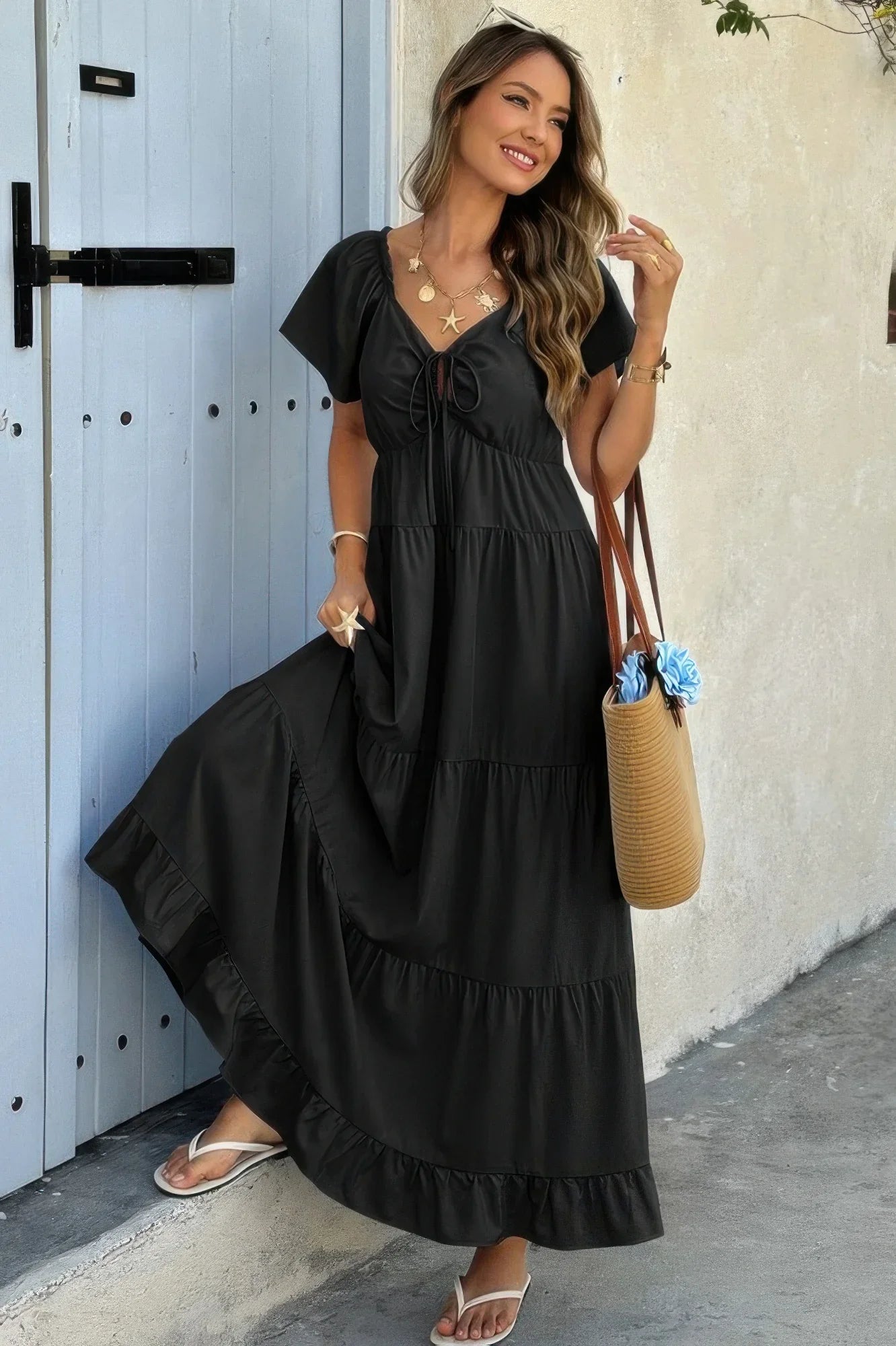 Women's Elegant Square Neck Maxi Dress with Pockets & Ruffle Hem - minbolu