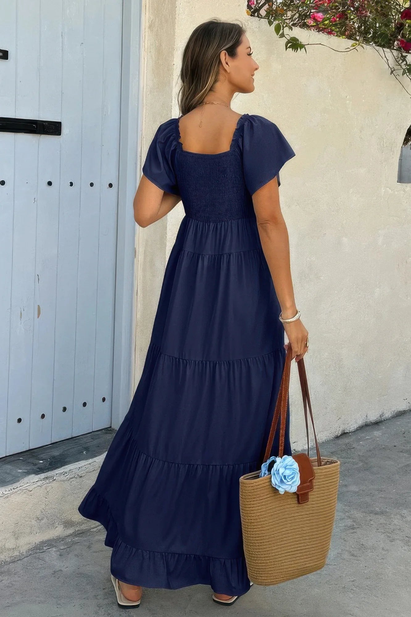 Women's Elegant Square Neck Maxi Dress with Pockets & Ruffle Hem - minbolu