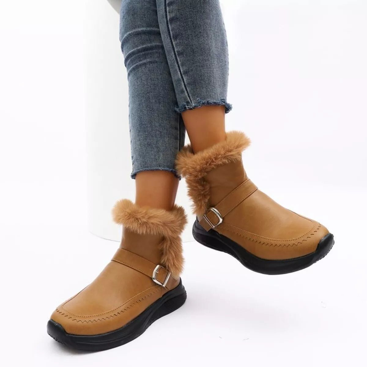 Faux Fur Buckle Boots - minbolu -