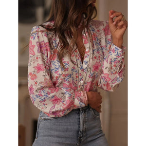 Women's Floral Button Up Shirt - Professional Long Sleeve Blouse - minbolu -