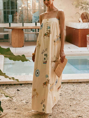 Women's Maxi Dress - Bohemian Print Cami with Pockets Long Dress - minbolu -
