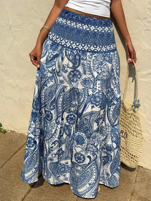 Women's Printed Tiered Maxi Skirt - Floral Boho Long Skirt - minbolu -