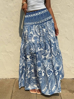Women's Printed Tiered Maxi Skirt - Floral Boho Long Skirt - minbolu -