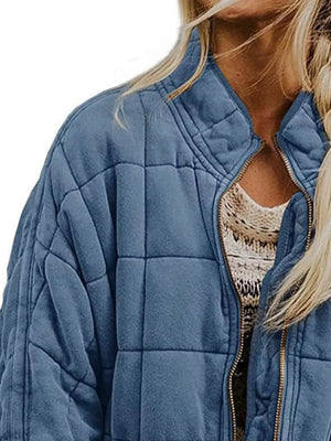 Full Size Zip Up Quilted Bomber Jacket Plus Size - minbolu -