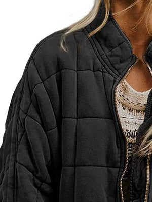 Full Size Zip Up Quilted Bomber Jacket Plus Size - minbolu -