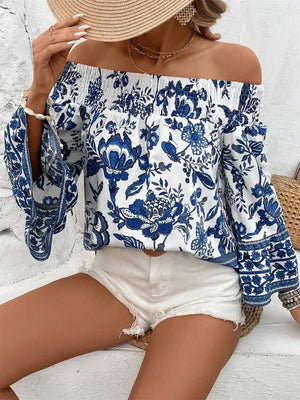 Women's Smocked Printed Off-Shoulder Blouse - Bohemian Floral Design - minbolu -