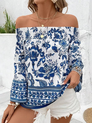Women's Smocked Printed Off-Shoulder Blouse - Bohemian Floral Design - minbolu -