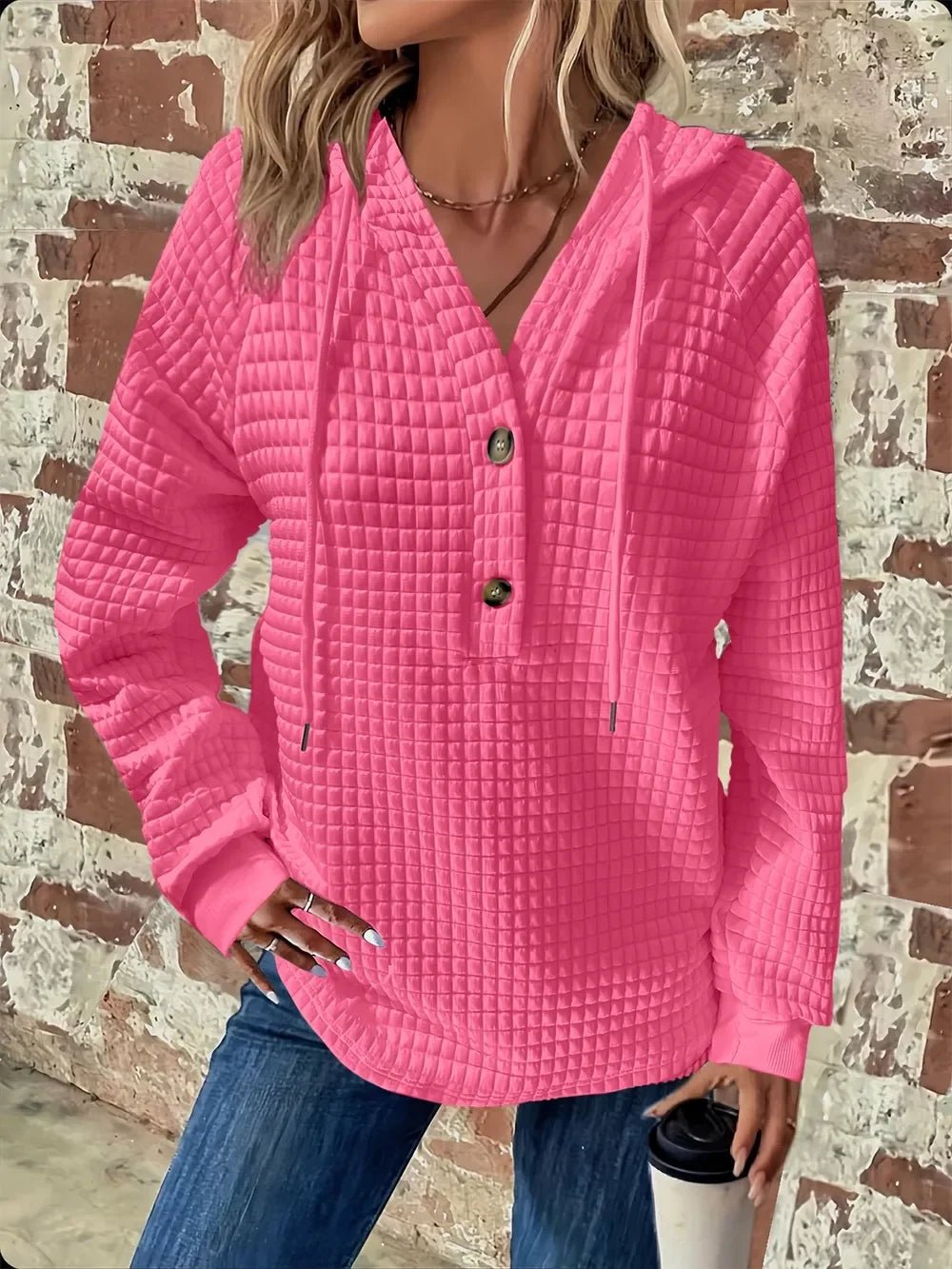 Women's Textured Long Sleeve Hoodie - Drawstring Pullover Top - minbolu -