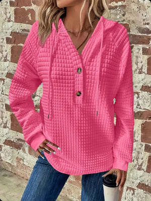 Women's Textured Long Sleeve Hoodie - Drawstring Pullover Top - minbolu -