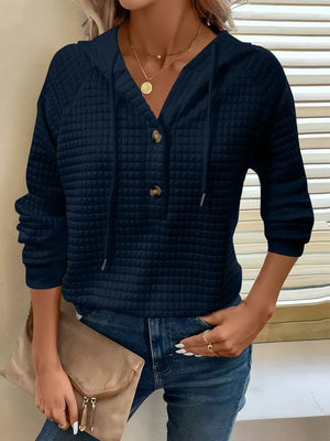 Women's Textured Long Sleeve Hoodie - Drawstring Pullover Top - minbolu -