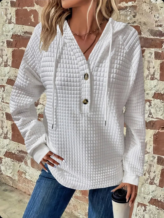 Women's Textured Long Sleeve Hoodie - Drawstring Pullover Top - minbolu -