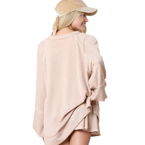 Women's Top and Skirt Set - Corded Lantern Sleeve Pullover with Ruffle Mini Skirt - minbolu -