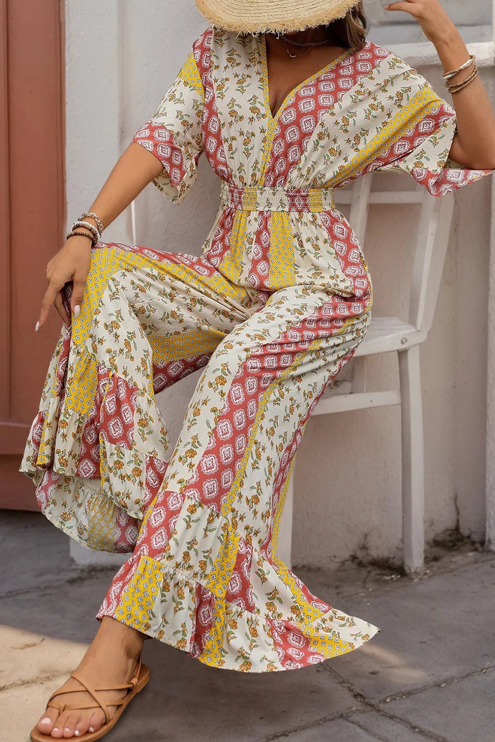 Yellow Boho V Neck Half Sleeve Patchwork Jumpsuit - minbolu