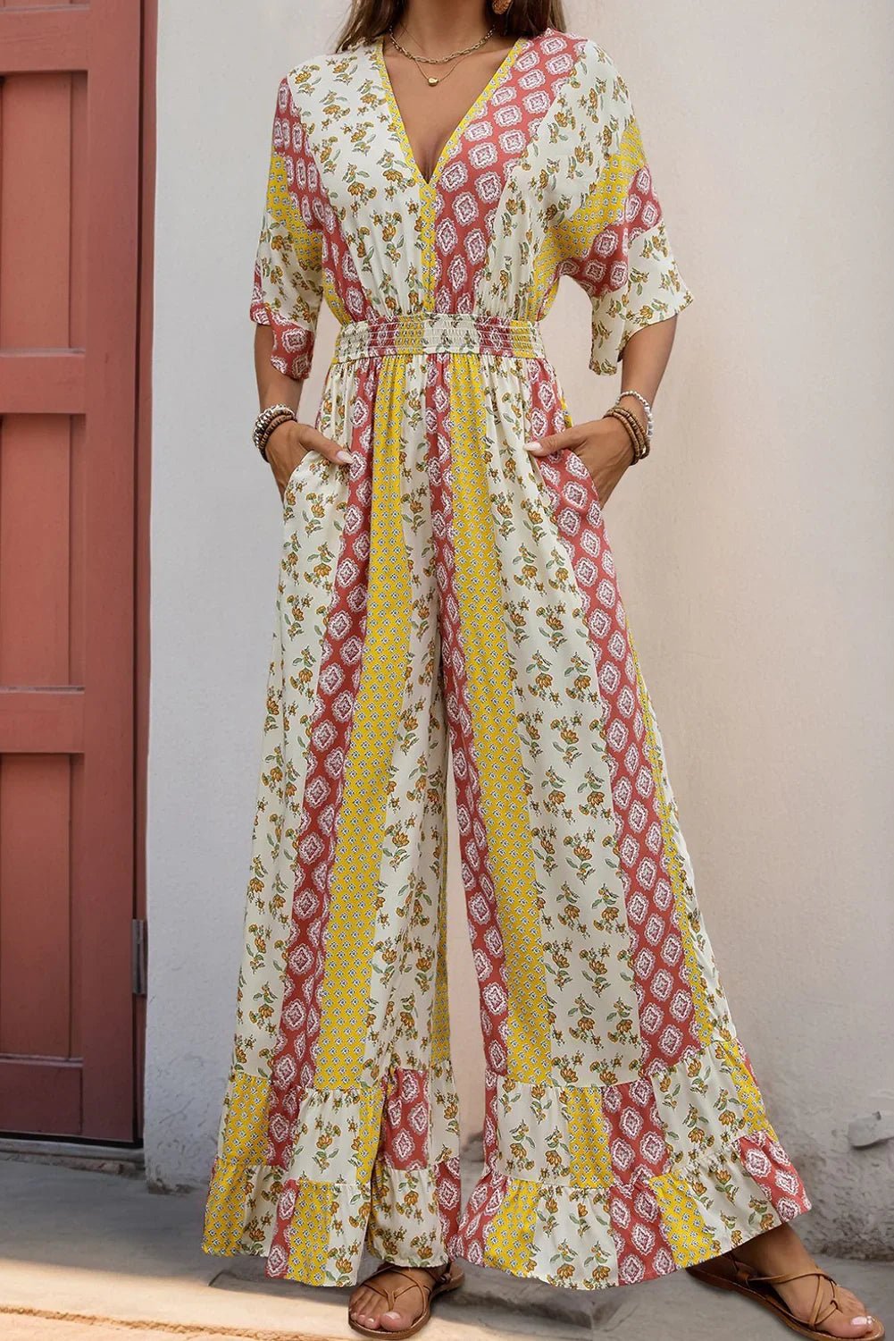 Yellow Boho V Neck Half Sleeve Patchwork Jumpsuit - minbolu