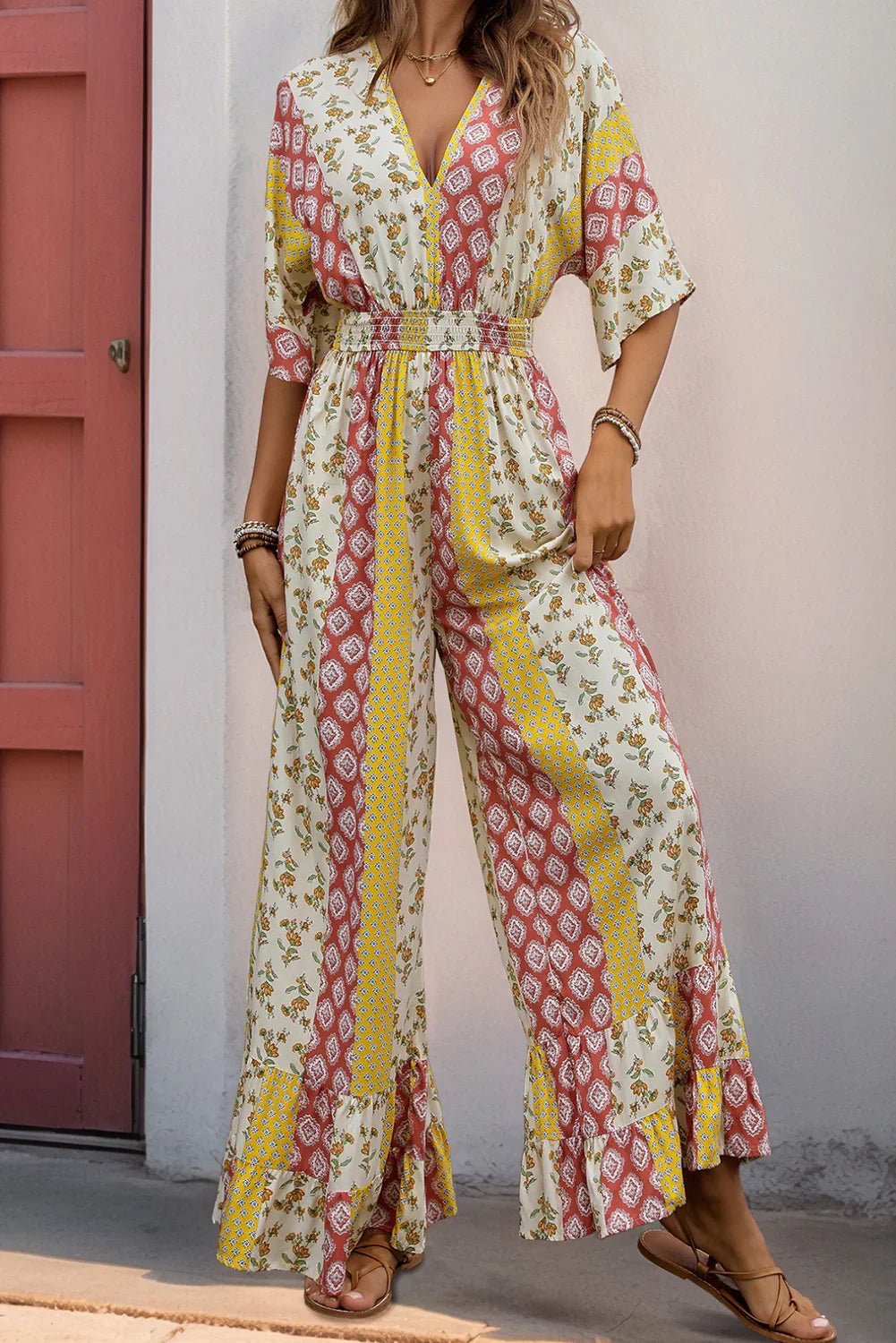 Yellow Boho V Neck Half Sleeve Patchwork Jumpsuit - minbolu