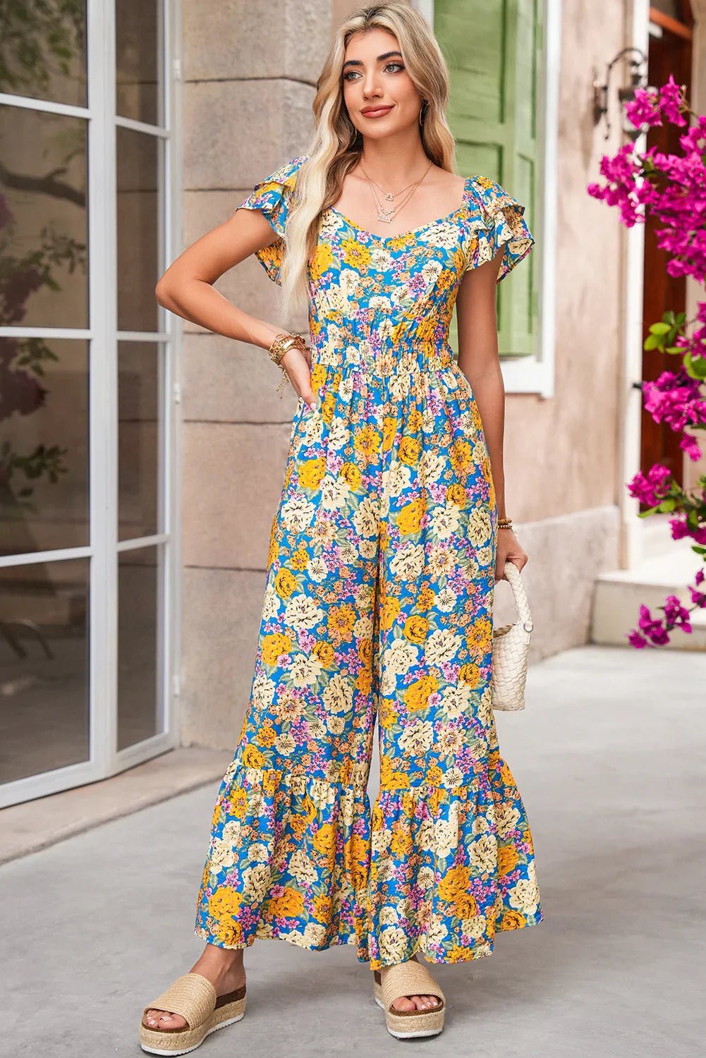 Yellow Floral Allover Print Shirred Cut Out High Waist Jumpsuit - minbolu