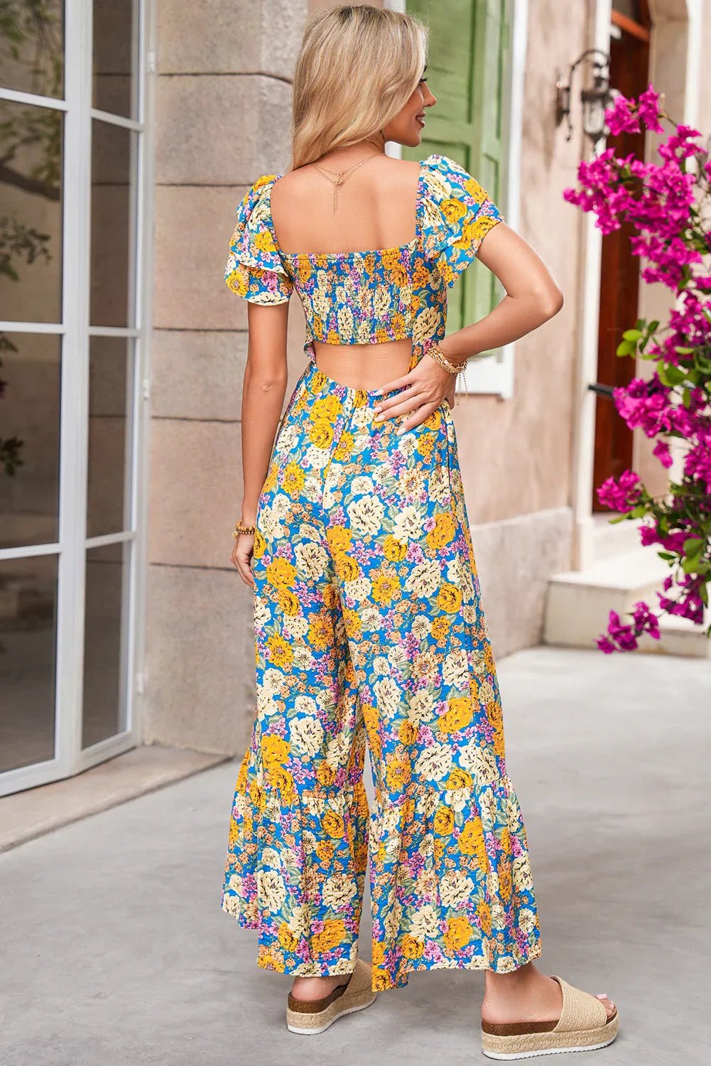 Yellow Floral Allover Print Shirred Cut Out High Waist Jumpsuit - minbolu