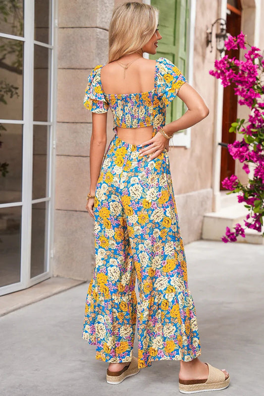 Yellow Floral Allover Print Shirred Cut Out High Waist Jumpsuit - minbolu -
