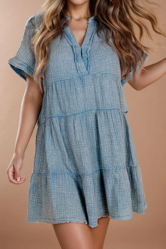 Tiered Notched Short Sleeve Dress - 100% Cotton - minbolu -