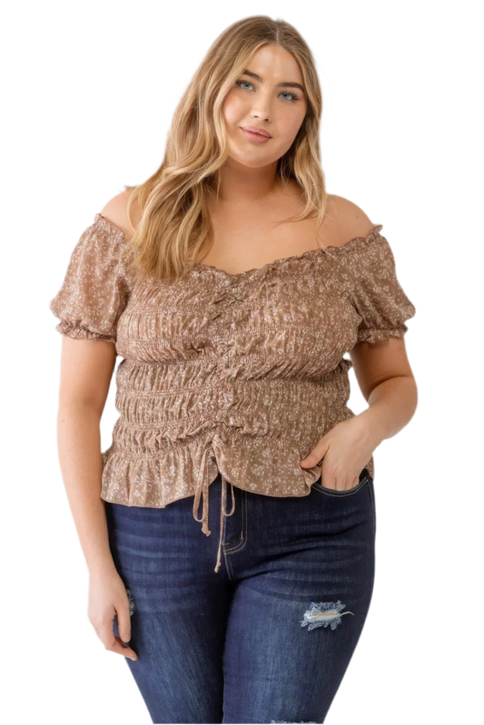Plus Floral Chiffon Ruched Off-Shoulder Top - Mocha - minbolu -