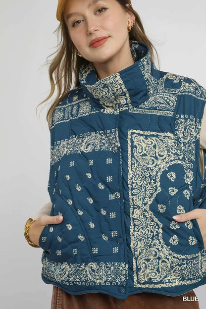 Umgee Bandana Print Quilted Puffer Vest - minbolu -