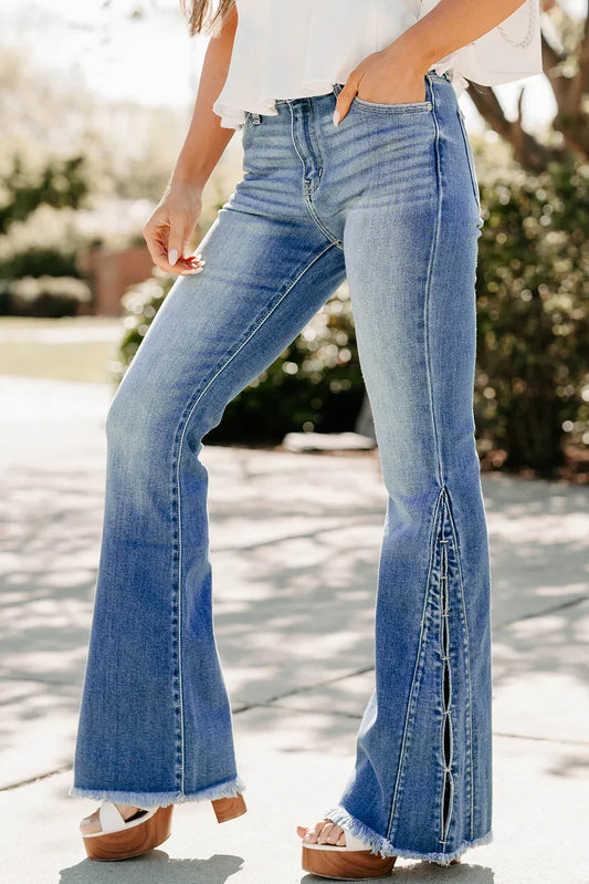 Ashleigh Blue High Waist Slim Fit Raw Hem Flared Jeans - minbolu -