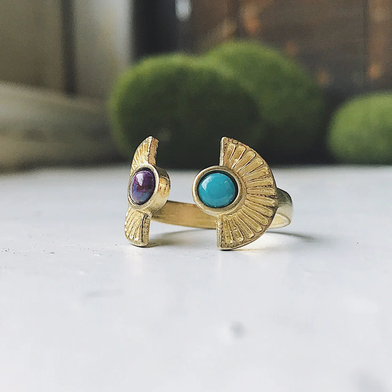 Dawn to Dusk - Two Stone Turquoise Boho Sunburst Ring - minbolu -