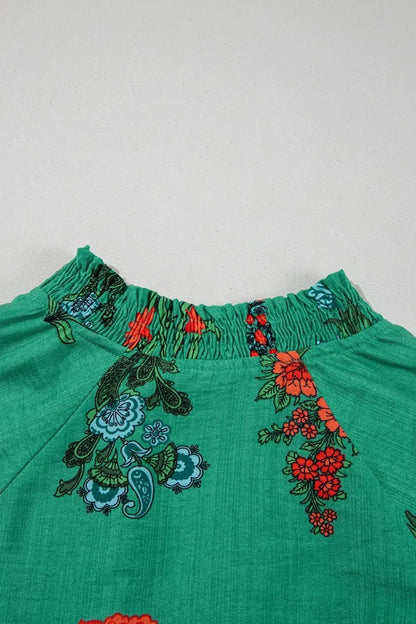 Floral Print Notched Short Sleeve Blouse - minbolu -