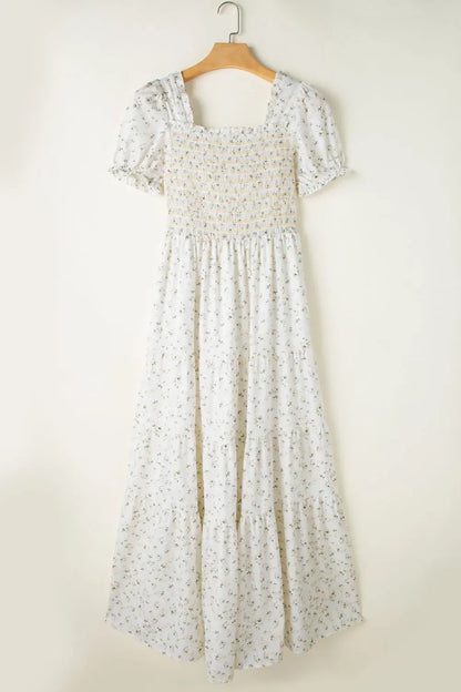 Floral Smocked Maxi Dress with Puff Sleeves - minbolu -
