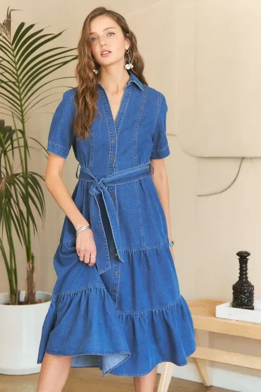 ADORA Tiered Button Down Denim Dress - minbolu -