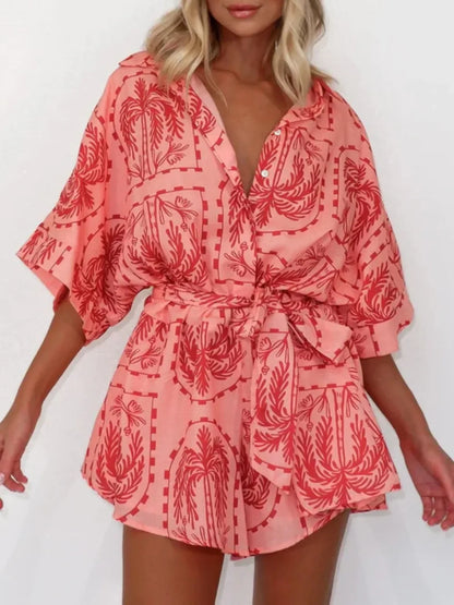 Printed Tie Waist Half Sleeve Romper - minbolu -