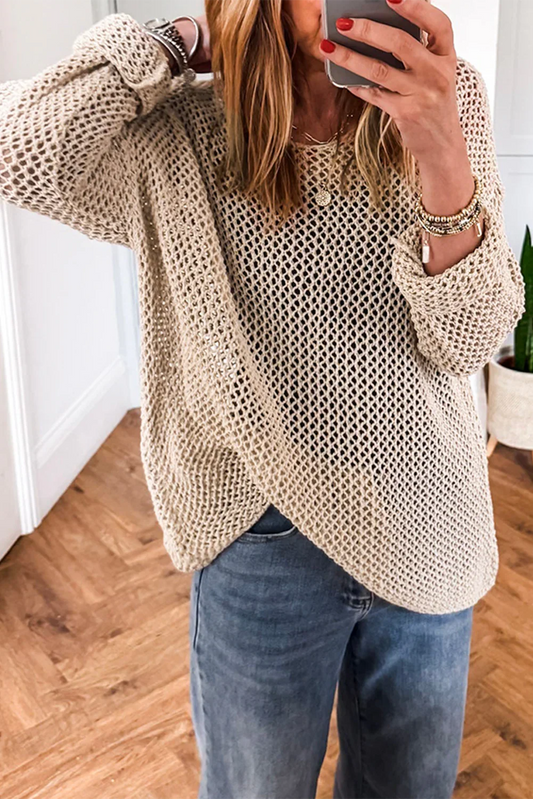 Smoke Gray Crochet Hollow-out Knit Sweater - minbolu -