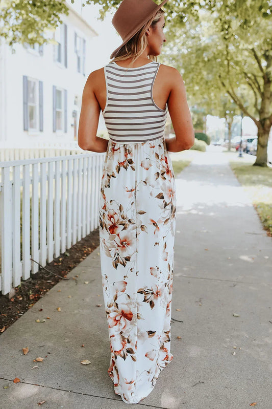 White Boho Stripes & Floral Print Floor Length Tank Dress - minbolu -