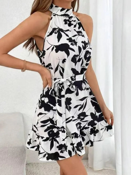 Halter Neck Floral Print Mini Dress - minbolu -