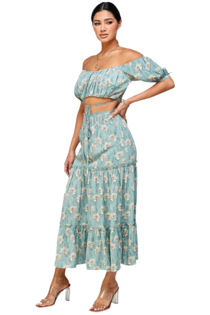 Floral Off Shoulder Top Skirt Set - Mint - minbolu -