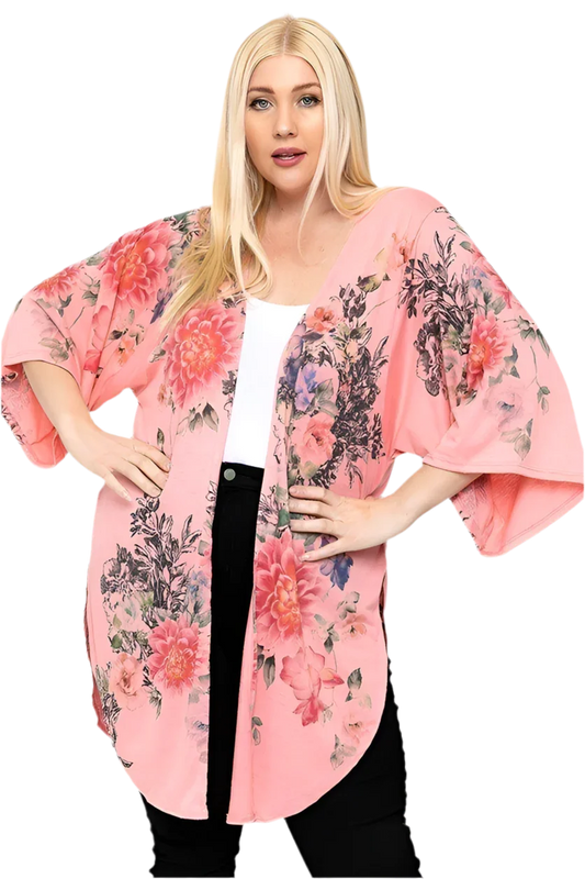 Floral Print Long Cardigan, Coral/Floral, Made in U.S.A - minbolu -