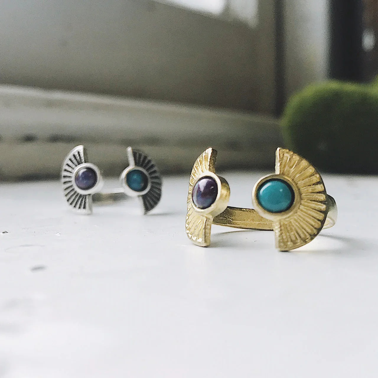 Dawn to Dusk - Two Stone Turquoise Boho Sunburst Ring - minbolu -