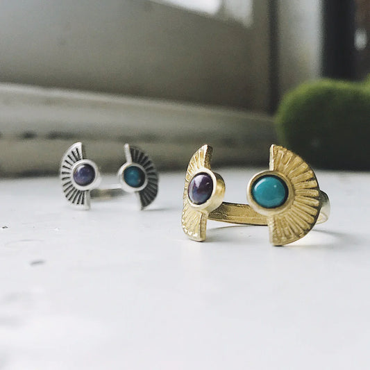 Dawn to Dusk - Two Stone Turquoise Boho Sunburst Ring - minbolu -