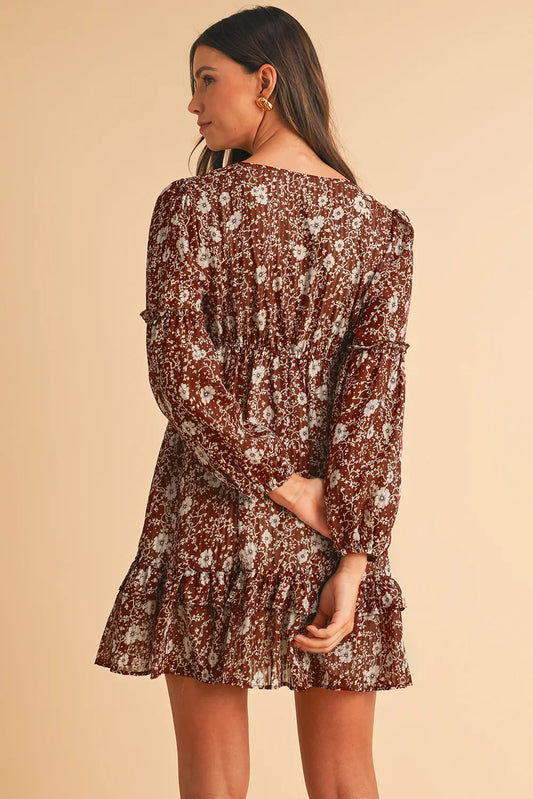 Brown Boho Floral Ruffle Puff Sleeve V Neck Mini Dress - minbolu -