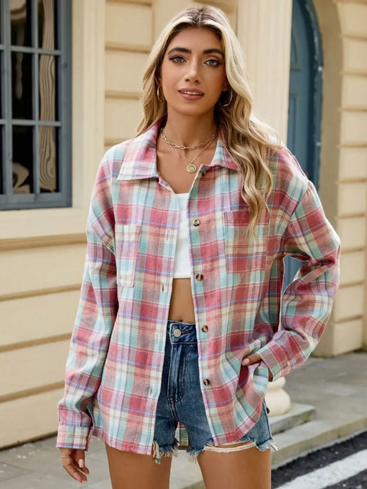 Plaid Collared Neck Long Sleeve Shirt: Burnt Coral - minbolu -