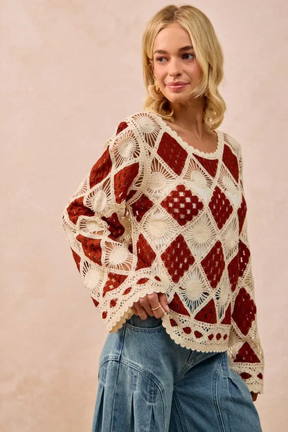 BiBi Diamond Crochet Knit Top - minbolu -